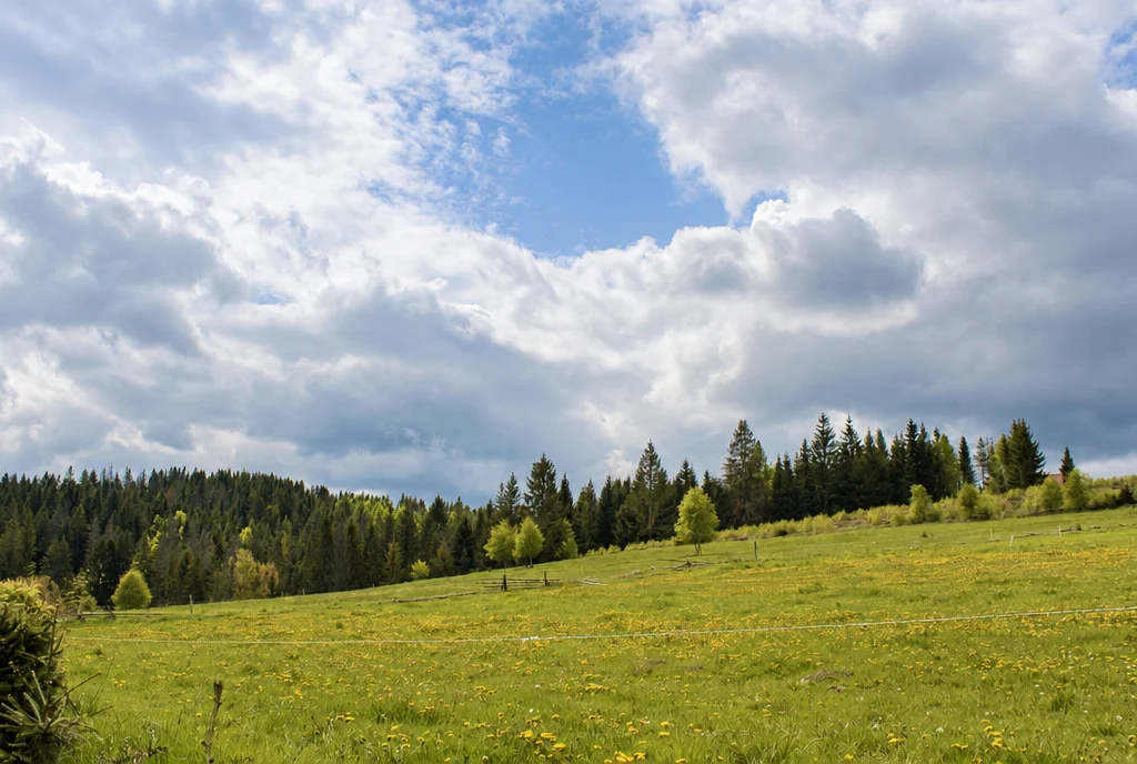 Lúky a zvlnená krajina v okolí chát v Látkach – Mlákach