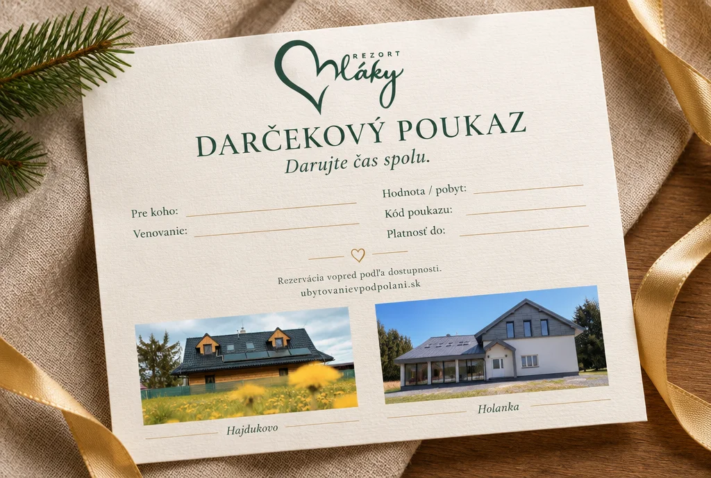 Ilustračný návrh darčekového poukazu Rezortu Mláky so skutočnými fotografiami oboch chát